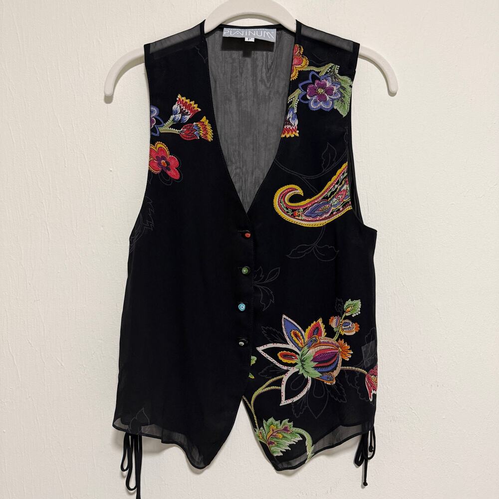 Vintage Dorothy Schoelen Platinum Vest P Black Floral Artsy 90s Made in USA Boho